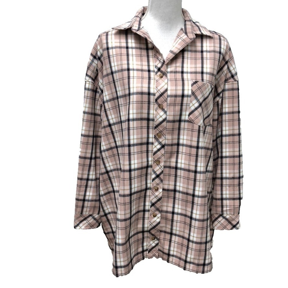 Lovers And Friends Flannel Button Up Womens Small Pink Plaid Oversize Lagenlook